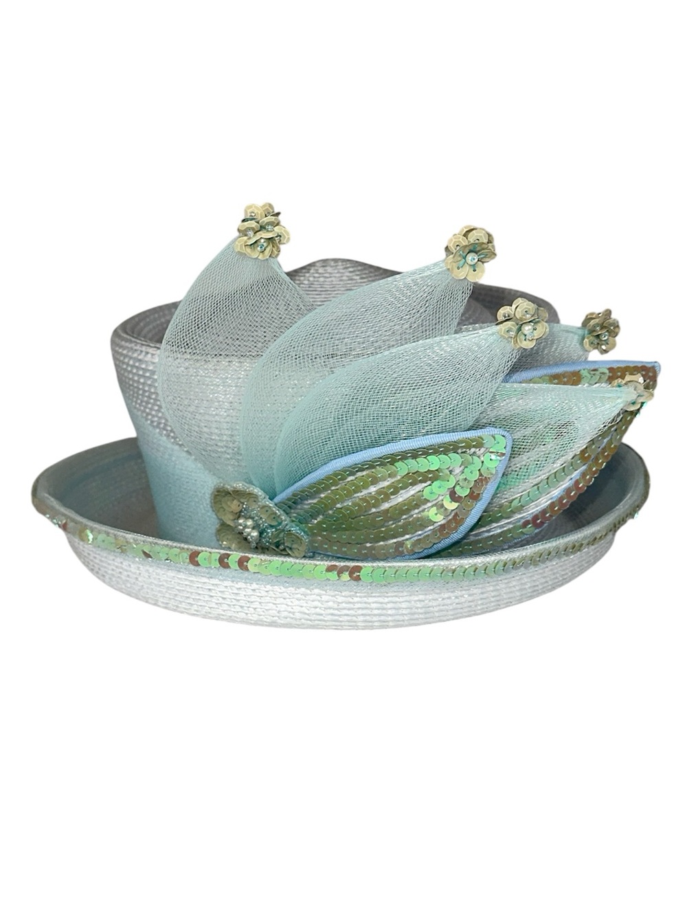 Vintage Iridescent Sequin Floral Derby Hat Wide Brim Blue Statement Fasinator